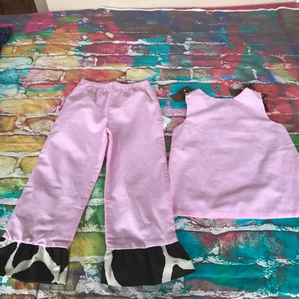 Ritzy Tots Pink White Gingham Horse Applique Outfit‎ Set NEW NWT Bows 5